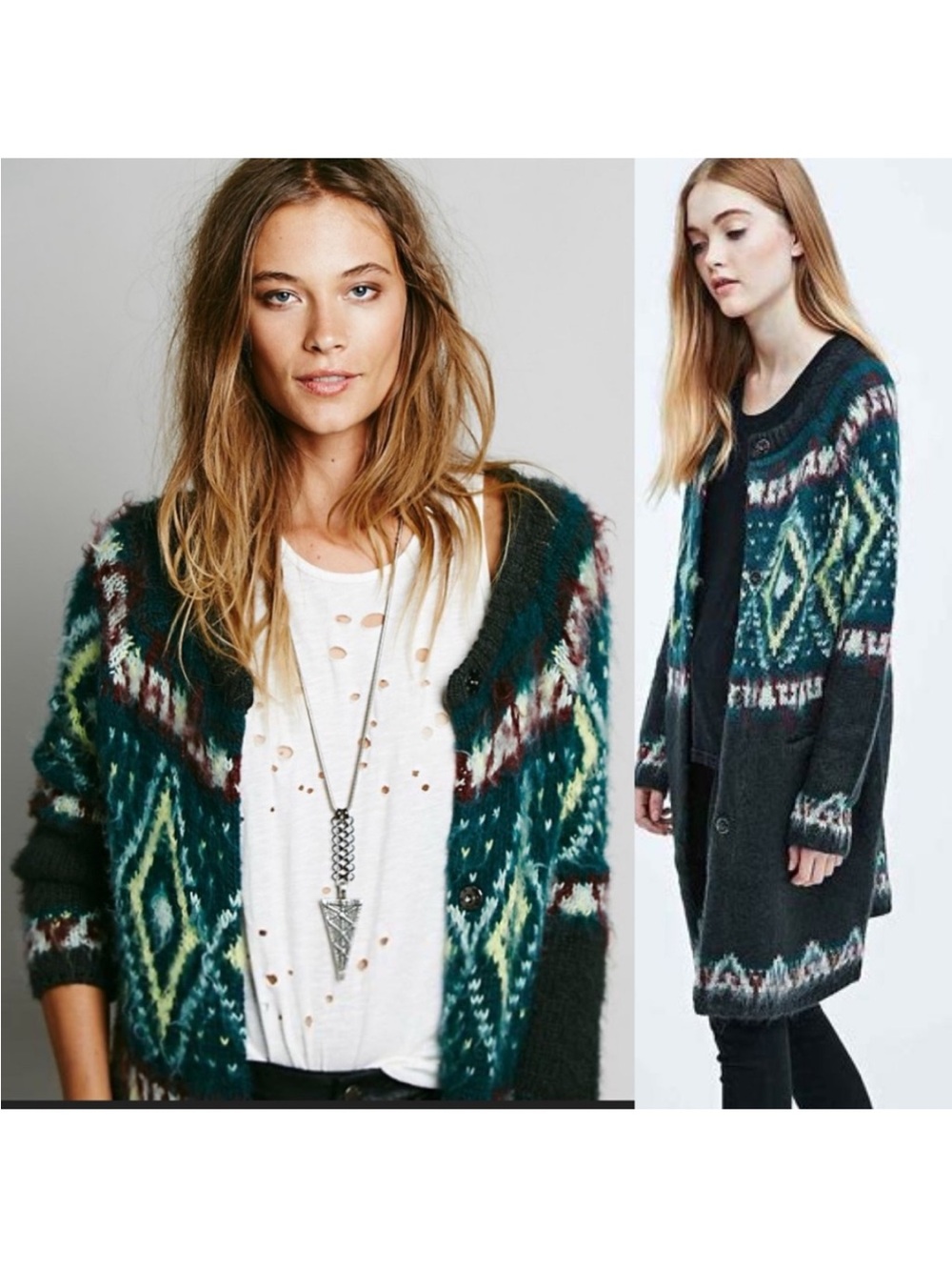 Free People Frosted Fair Isle Cardigan Sweater Longline Cozy